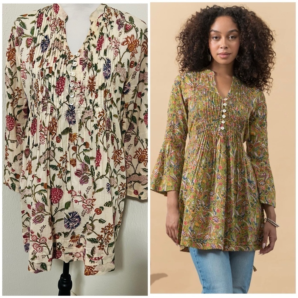 Passementrie Ofelia Blouse Cream and Red Pleated Tunic Mandarin Collar Large